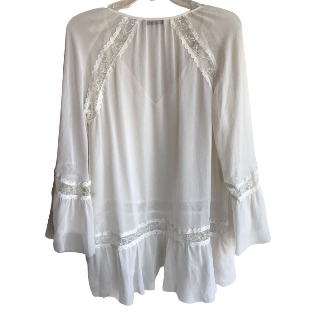 Alice + Olivia White Sheer Silk "Poets Blouse" with Lace, Bell Sleeves size XS - Picture 3 of 10